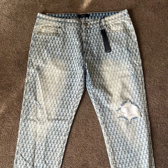 AMIRI Blue and White Patterned Straight Jeans